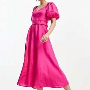 & Other Stories 100% Linen puff sleeve belted A-line midi maxi dress in pink NWT